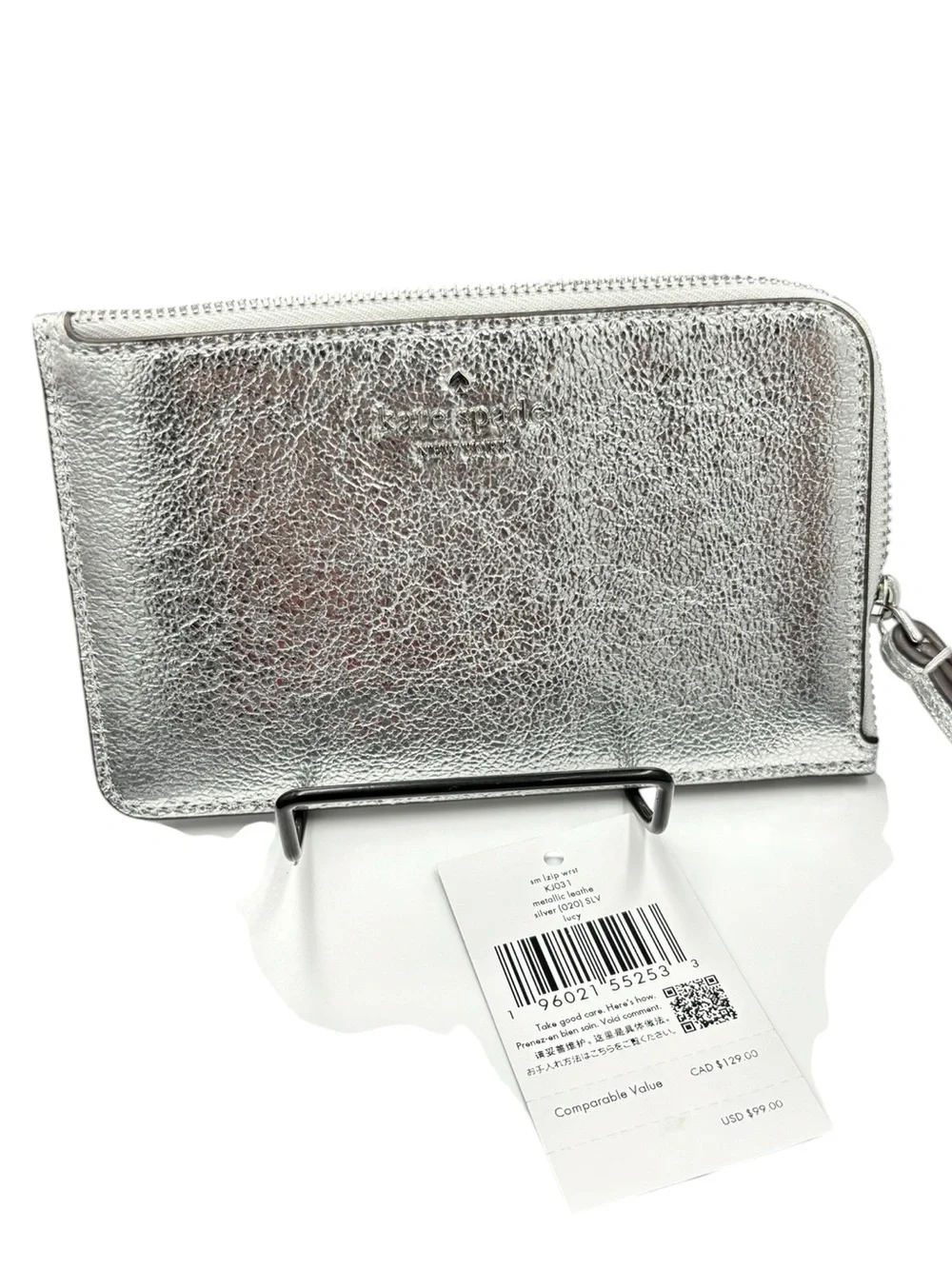 Kate Spade Lucy Metallic Silver Leather Zip Wristlet $99 NWT